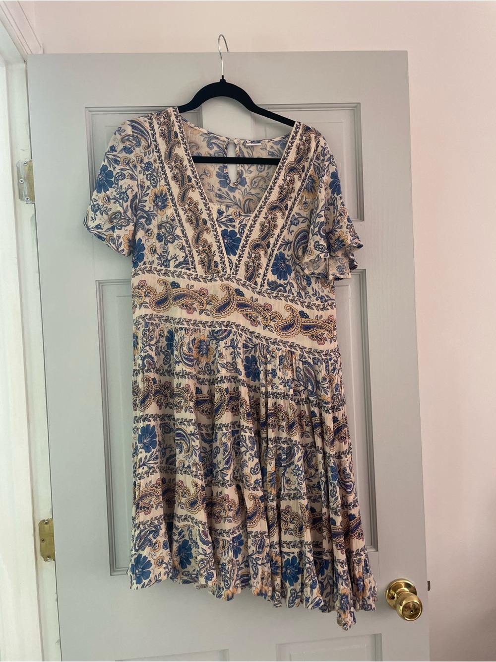 Boho Floral V-Neck Dress in Blue and Cream